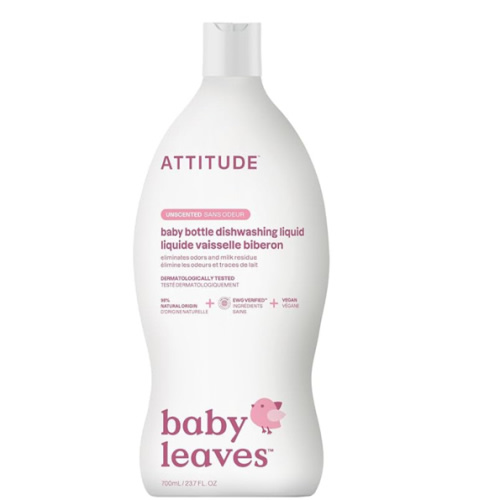 ATTITUDE Baby Dish Soap and Bottle Cleaner, EWG Verified Dishwashing Liquid, No Added Dyes or Fragrances, Tough on Milk Residue and Grease, Vegan, Unscented, 23.7 Fl Oz
