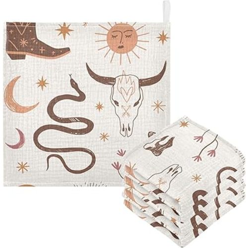 Western Boho Cowgirl Baby Muslin Washcloths Face Towel, Wild West Burp Cloths Cotton Wipes 3 Pack Infant Wash Cloth for Newborn Boys Girls 12x12 inches, wc-g327163029p772c816s1786