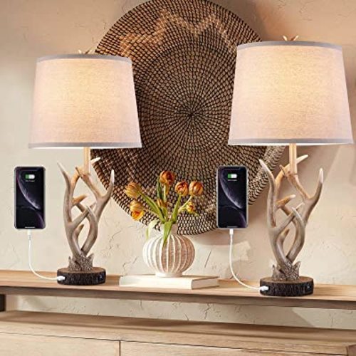 Dungoo Rustic Western Lamp Set of 2 - 26" Farmhouse Table Lamp with 2 USB Ports, Natural Antler Design for Bedroom, Living Room, Office (Rustic Brown)