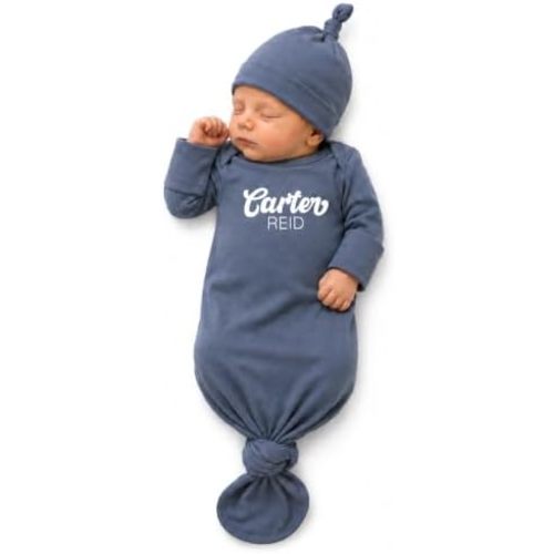 Personalized Newborn Knotted Gown with Hat or Bow, Custom Name Baby Outfit, Soft Bamboo, 0 to 3 Months