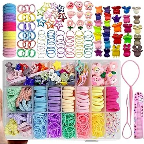 Colorful Rubber Hair Ties for Girls,Elastic Hair Bands for Baby,Colored Cotton Hair Ties,Small Hair Clips,Girl Hair Accessories Set With Organizer Hair Styling Tools Ponytail Holders