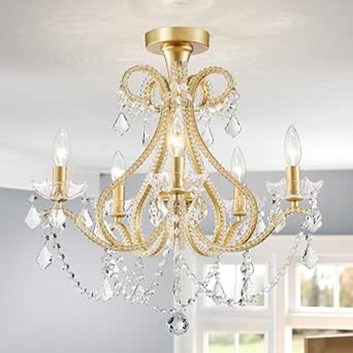 WUZUPS 5-Light Crystal Candle Chandelier Flushmount Ceiling Light Modern Lighting Fixture for Bedroom Hallway Bar Kitchen Bathroom, H 20.9" W 22", E12 Base, Gold