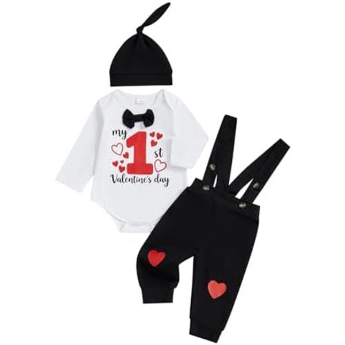 Newborn Baby Boy Valentines Outfit Winter Clothes Letter Heart Print Long Sleeve Romper Suspender Pants Hat Set