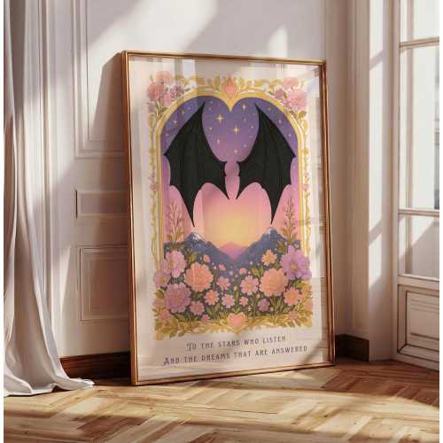 To The Stars Print, Pretty Bat Wings, Fantasy Bookish Wall Art, Romantic Book Lover Gift, Pretty Pastel Mountain Art, City of Starlight