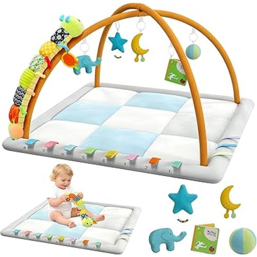 Baby Play Gym & Activity Mat, Baby Tummy time mat w 6 Detachable Toys, Promote Motor Skills & Sensory Development Mat, Newborn Infant Baby Essentials Gift.