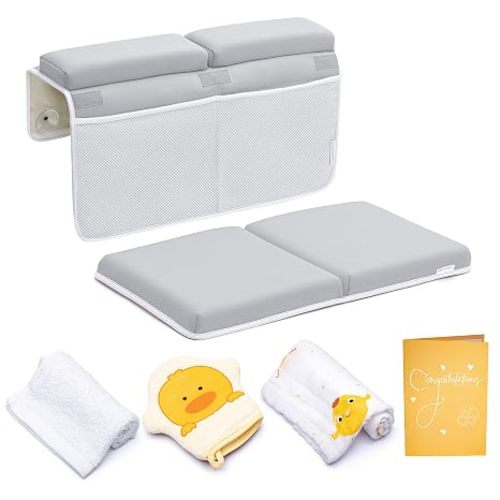 Bath Kneeler with Elbow Rest Pad Set, 1.75 inch Thick Kneeling Pad and Elbow Support for Knee Arm Support, Large Bathtub Kneeling Mat with Toy Organizer for Happy Baby Bathing Time, Beige