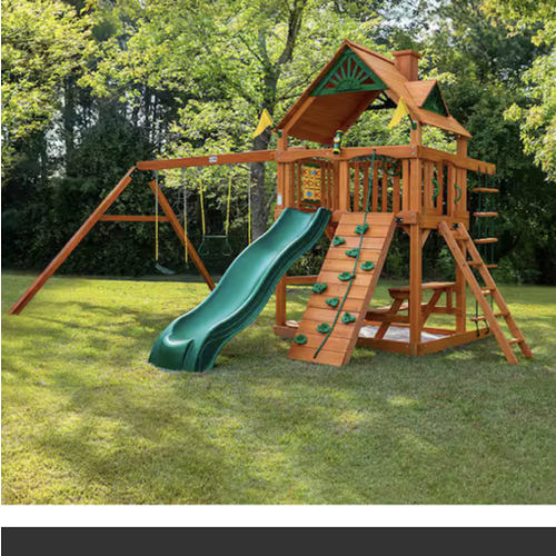Gorilla Playsets Chateau Wooden Outdoor Playground Set with Slide, Sandbox, Rock Wall, Swing Set, and Playground Equipment 01-0003-AP