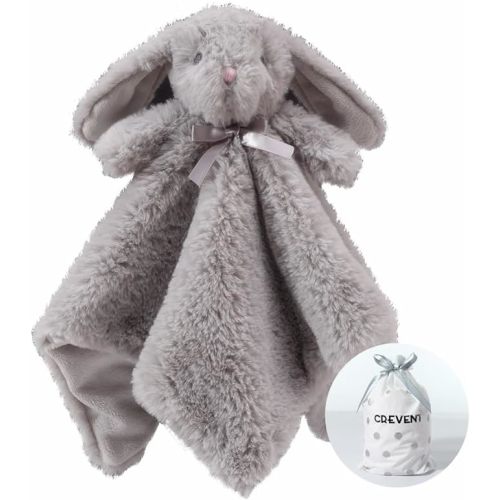 CREVENT Cozy Plush Baby Security Blanket Loveys for Baby Boys and Girls, Faux Fur Front + Mink Backing with Animal Face (Grey Bunny)