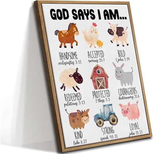 Framed Christian Nursery Canvas Wall Art God Says I Am Inspirational Bible Verses Farm Animals Painting Pictures Wall Decor Posters Prints Artwork For Kids Girls Bedroom Playroom Baby Room