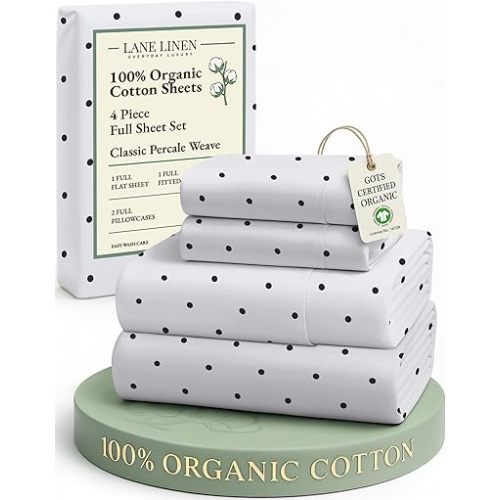 LANE LINEN 100% Organic Cotton Full Sheets Set, Percale Fully Elasticized Mercerized Soft & Comfy Machine Washable Printed Cotton Sheet Set, Eco Friendly Printed Full Size Bedding- Polka Dot