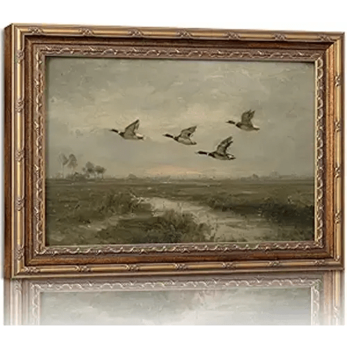 Vintage Gold Framed Flying Duck Wall Art Mallard Duck Canvas Wall Decor Rustic Mallard Poster Artwork Retro Rustic Farmhouse Animal Picture for Home Living Bedroom Farmhouse Hallway 16x24in