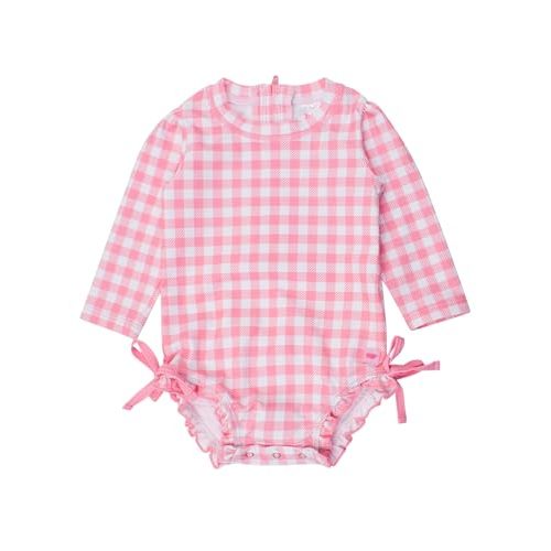 RuffleButts Baby Girls UPF 50+ Sun Protection Gingham Printed Long Sleeve One Piece Rash Guard Swimsuit with Zipper