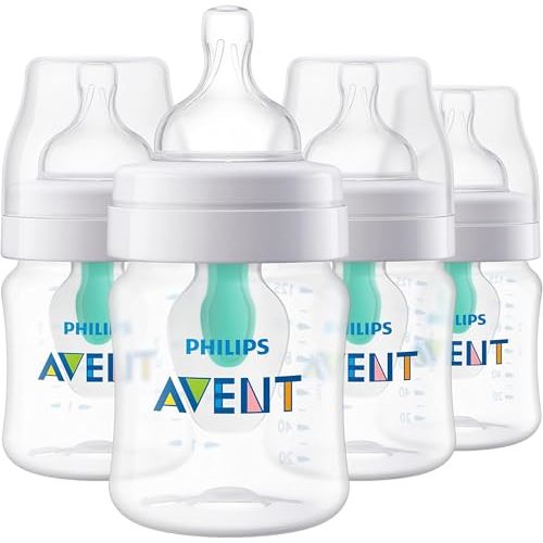 Philips Avent Anti-Colic Bottle with AirFree Vent, 4oz, with Flow 1 Nipples, 0m+, 4pk, Clear, SCY701/04 (Pack of 6)