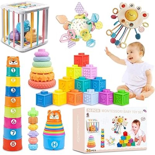 6 in1 Montessori Baby Toys 6-12 Months，Montessori Toy for Babies 6-12 Months，Incl 12pc Building Blocks &Silicone Pull String & Sensory Cube & Manhattan Ball& 2 Stacking Toys. Baby Development Toys