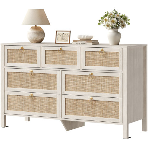 Bayou Breeze Pomodoro 51" W Rattan 7-Drawer Dresser With Golden Handles, Coastal Boho Bedroom Storage Chest & Reviews | Wayfair