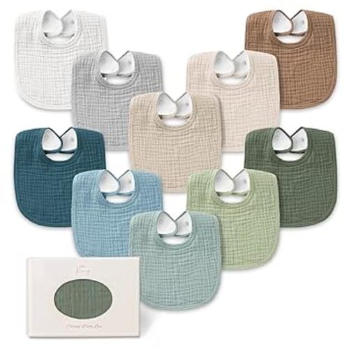 Konssy 10-Pack Muslin Baby Bibs, Soft Cotton Bandana Bibs for Drooling & Teething, Unisex Solid Colors for Boys & Girls, Newborn & Infant