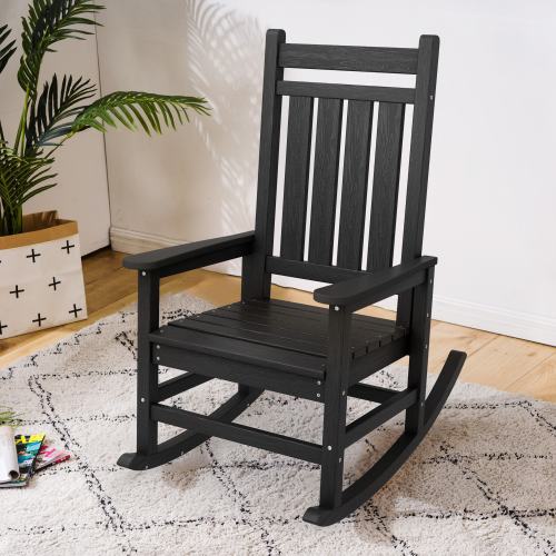 VOUA HDPE Patio Rocking Chairs Weather Resistant Black HDPE Frame Rocking Chair with Slat Seat