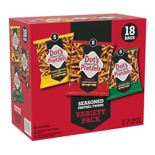Dot's Homestyle Pretzels Variety Pack, Original, Honey Mustard, and Parmesan Garlic Twist Snack, 1oz Individually Sized Bags (18 Count)