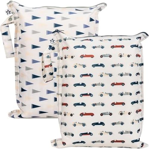 Tiny Twinkle Mess Proof Wet Bags | 2-Pack Reusable Waterproof Wet Bags for Swimsuits | Baby Clothes | Travel & Diaper Bag (Vintage Cars,Varsity Flags)