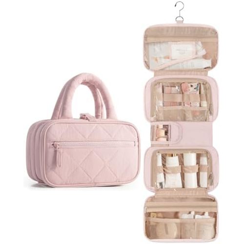 Travel Toiletry Bag for Women with Hanging Hook, Puffy Makeup Organizer with Brushes Slots for Bathroom, Shower and Beauty Essentials, Pink