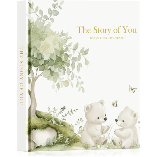 Lanpn Baby Memory Book for Boy Girl - The Story of You, Newborn Babys Photo Album Keepsake Book for New Parents, Leather Cover Baby First 5 Year Milestone Journal Scrapbook (154 Pages)