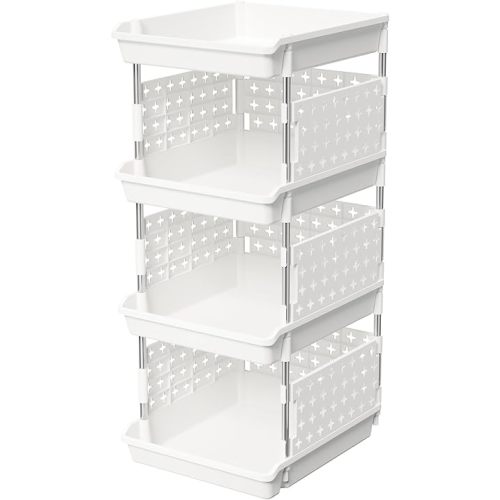 Lifewit Plastic Stackable Storage Baskets, 4 Tier Stacking Bins for Food and Clothes, Multifunctional Organizer for RV, Kitchen, Playroom, Pantry and Bathroom, 13.8"D x 11.8"W x 28.3"H, 1 Pack, White