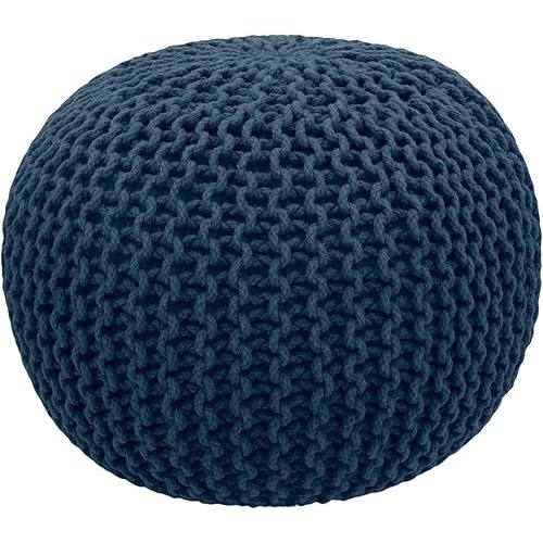 COTTON CRAFT - Hand Knitted Cable Style Dori Pouf - Blue - Floor Ottoman - Cotton Braid Cord - Handmade & Hand Stitched - Truly one of a Kind Seating - 20 Dia x 14 High