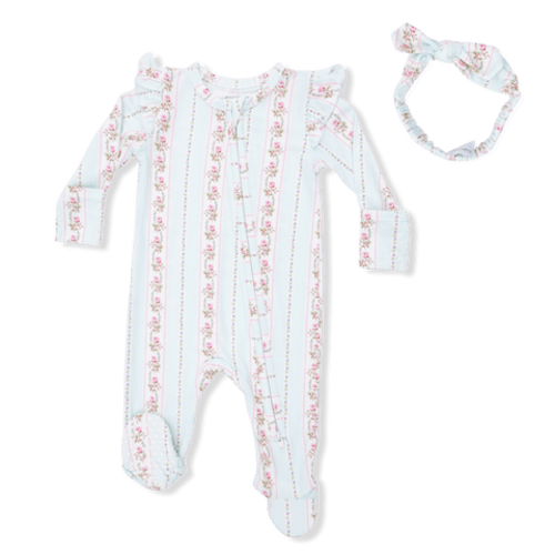 Antoinette Stripe - 2 Way Ruffle Sleeve Zipper Footie & Headband Set
