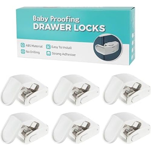 6-Pack Drawer Locks Baby Proofing, Maveek 90° Right Angle Lock For Bedside Corner Nightstand Drawer Cabinet Kitchen Cupboard Dresser Pull-out Drawers, Furniture Latch For 0-12 Month Toddler (6 White)