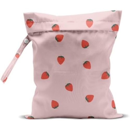 Wet Bag, Wet Dry Bag, Waterproof Swim Bags, Machine Washable Reusable Bags for Beach, Pool, Diapers, and Dirty Yoga Gym Clothes(Pink Little Strawberry Print Pattern