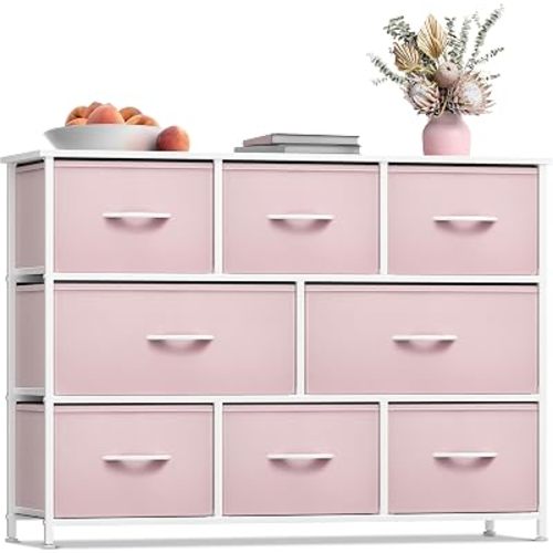Sorbus Wide 8-Drawer Dresser, Wood Top & Fabric Drawers (Pink)