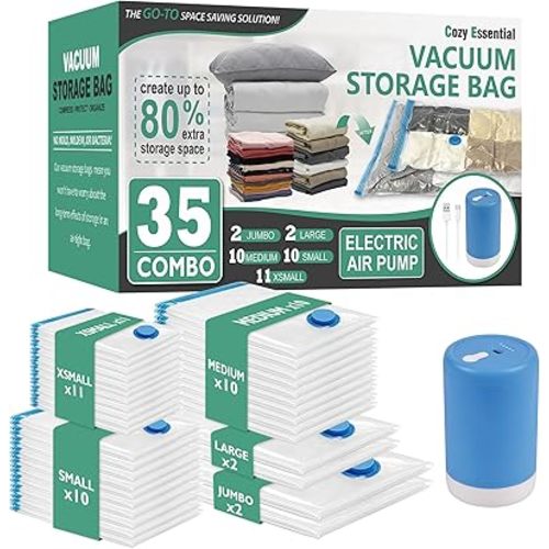 Cozy Essential 35 Pack Vacuum Storage Bags with Electric Pump, Vacuum Seal Space Saver Bags for Clothing, Pillows, Blanket, Bedding, Comforters