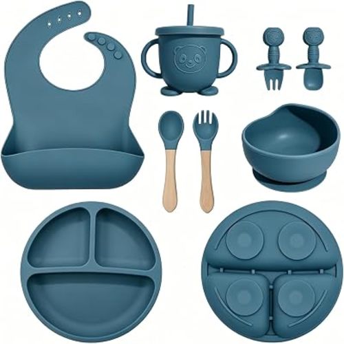 Silicone Baby Feeding Set 8 Pcs, Baby Led Weaning Supplies with Suction Plates & Bowls, Adjustable Bib, Baby Utensils Spoons and Forks, Sippy Cup, BPA-Free First Stage Eating Essentials (Blue)