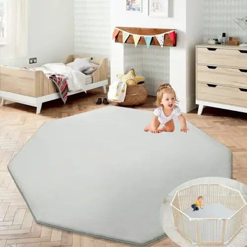 HOMBYS Memory Foam Baby Play Mat Extra Thick for Playpen, 61x61 Portable Octagon Playpen Mat for Kids, Toddler Crawling & Play, Super Soft Velvet with Non-Slip Backing Baby Playpen Mat(Light Grey)