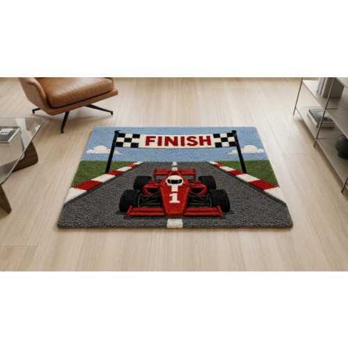 Formula Racing Hand Tufted Rug, Race Car Kids Room Carpet, Motorsport Inspired Area Rug, Finish Line Gaming Rug, Handmade Sports Theme Rug