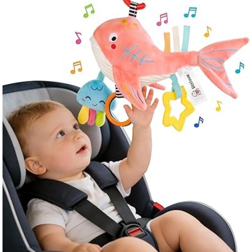 Musical Baby Toys for Car Seat 6-12 Months, Travel Sensory Toy 3-6 Months, Montessori Plush Toys for Roadtrip with Teether Crinkle Textures Clackers Squeaky Pulling Cords Newborn Infant Gift