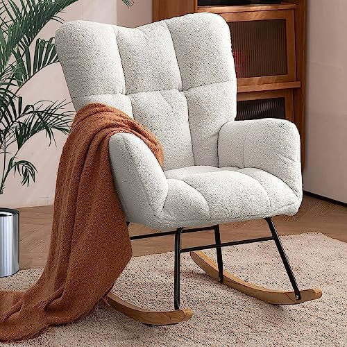 Nursery Rocking Chair, Teddy Upholstered Glider Rocker with High Backrest Armchair, Modern Rocking Accent Chairs for Nursery, Living Room, Bedroom, Offices (Ivory)