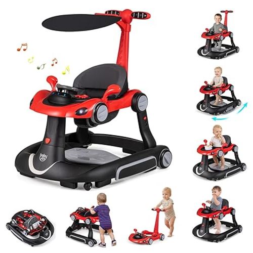 BABY JOY 7-in-1 Baby Walker, Foldable Baby Walker and Bouncer Combo with Handle, Adjustable Height & Speed, Music, Lights, Rocker/Push Mode, Baby Walker with Wheels for Boys Girls 7-18 Months (Red)