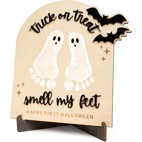 Baby's First Halloween Wooden Keepsake Sign, DIY Footprint Art Milestone Card, Wall Hanging Nursery Decor, Funny Trick or Treat Smell My Feet Photoshoot Prop Gifts 2026