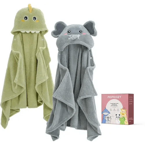 Momcozy Baby Bath Towels with Visualize Health Label - Ultra Soft & Absorbent Coral Fleece Hooded Towels for Newborn, Infant, Toddler (0-36 Months) Bath Essentials (Large Size,2 Pack)