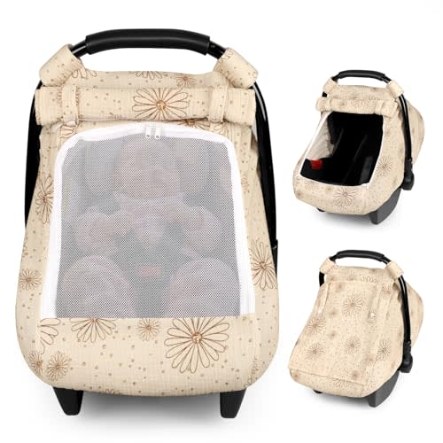Muslin Baby Car Seat Cover with Extra Large Mesh Window, Breathable Infant Car Seat Canopy Cover for Summer, Universal Car Seat Stroller Cover for Boys and Girls (Floral)