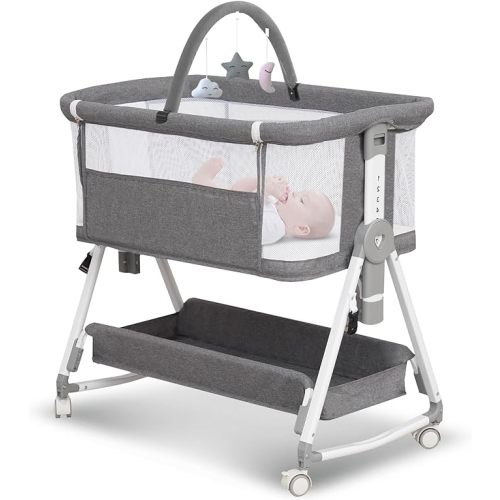 Baby Bassinet,3 in 1 Bedside Bassinet for Baby with Hanging Toys,Foldable Baby Bassinets Bedside Sleeper,4-Sided Mesh Bedside Crib with Wheels and Storage Basket,6 Height Adjustable (Light Grey)
