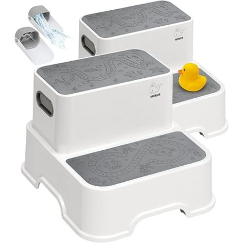 Harwaya Toddler Step Stool for Bathroom Sink 2 Pack, Kids Step Stools for Toilet Potty Training, Plastic Stepping Stool for Toddlers Child Kid Kitchen Bedroom Bed -White (Included Two Faucet Extender)