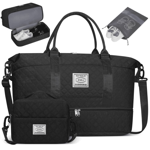 Travel Duffle Bag, Weekender Bags for Women with Shoe Compartment, Carry on Overnight Bag with Toiletry Bag and Shoes Bag, Gym Duffel Bag with Wet Pocket, Hospital Bags for Labor and Delivery, Black