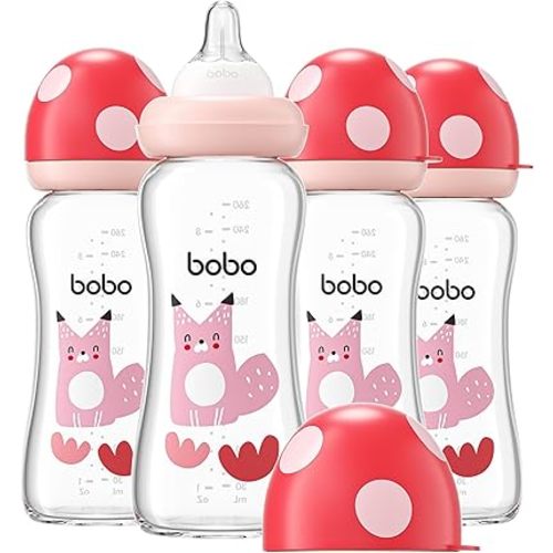 YOHKOH Natural Glass Baby Bottle with Natural Response Nipple, Newborn Anti-Colic Baby Bottles, Wide Neck Mushroom Cap Baby Bottle, Clear (8.8ounce (Pack of 4), Red2)
