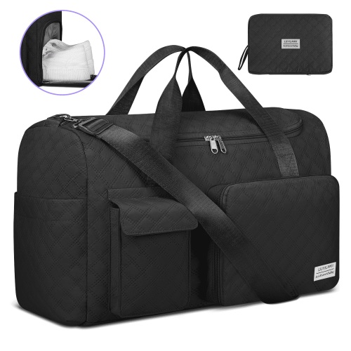 Travel Duffle Bag for Women Men, Foldable Weekender Bags Carry on Gym Bag with Wet Pocket/Adjustable Strap/Shoe Compartment, Waterproof Overnight Tote Bag for Plane Sports Dance, Black