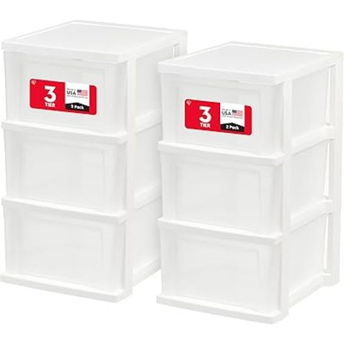 IRIS USA Plastic Drawer Storage Organizer, 3-Drawers, 2-Pack, for Classroom Art Craft Supplies, Bathroom Bedroom, Laundry Room, White/Clear