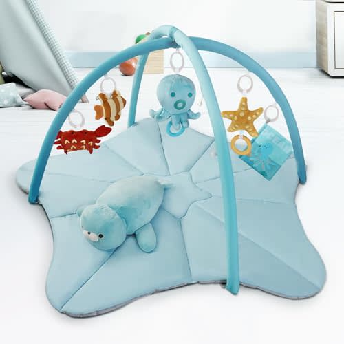 Joypony Baby Play Gyms Mat, Larger Tummy Time Mat with Pillow, Mirror & 5 Sensory Toys, Activity Mat for Babies 0-18 Months, Easy to Install & Clean