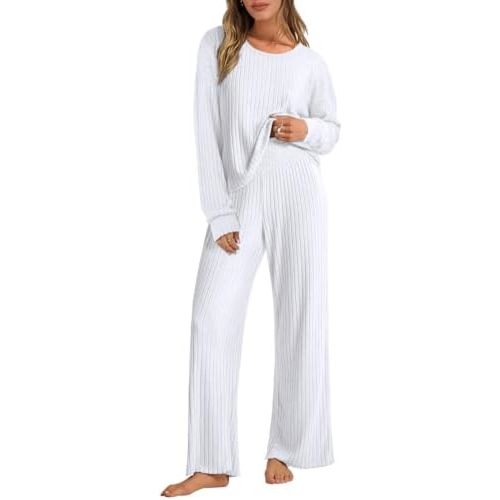 ANRABESS Women 2 Piece Lounge Pajamas Sets Casual Ribbed Knit Long Sleeve Top Pants Matching Set 2025 Fall Outfits Clothes