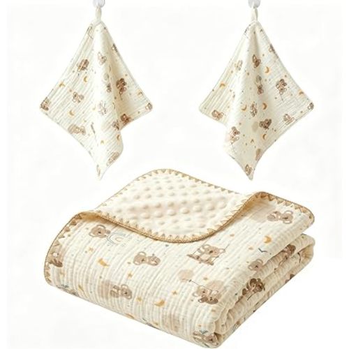Cotton Muslin Baby Blanket Set with 2 Matching Washcloths (Koala)